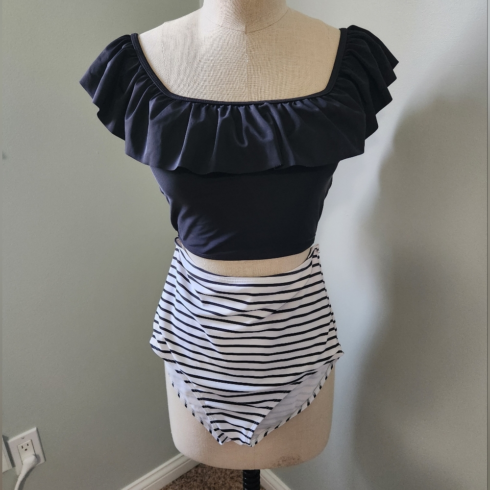 Black Ruffle Top with Striped Bottoms
